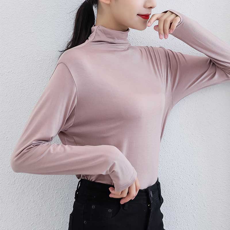 

Half Turtleneck Crop Modal Tops T-shirt Women Oversize Long Sleeve Solid Canadian Bottoming Red Slim Winter Long Sleeve Femme, Black