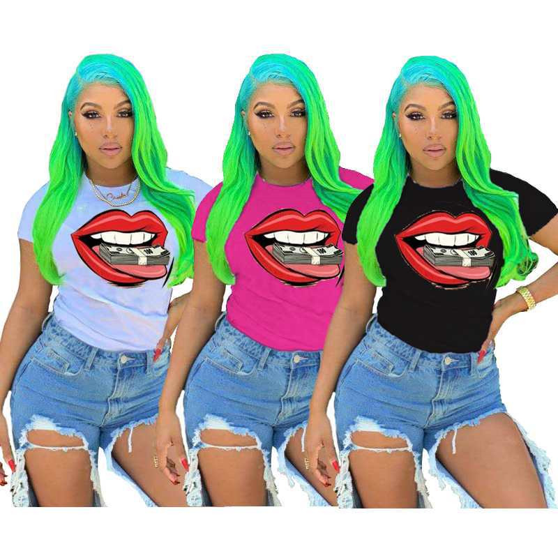 

3D Lip Floral Womens Tshirts Casual High Street Fashion Slim Womens Designer T Shirts Round Neck Short Sleeve Ladies Tops