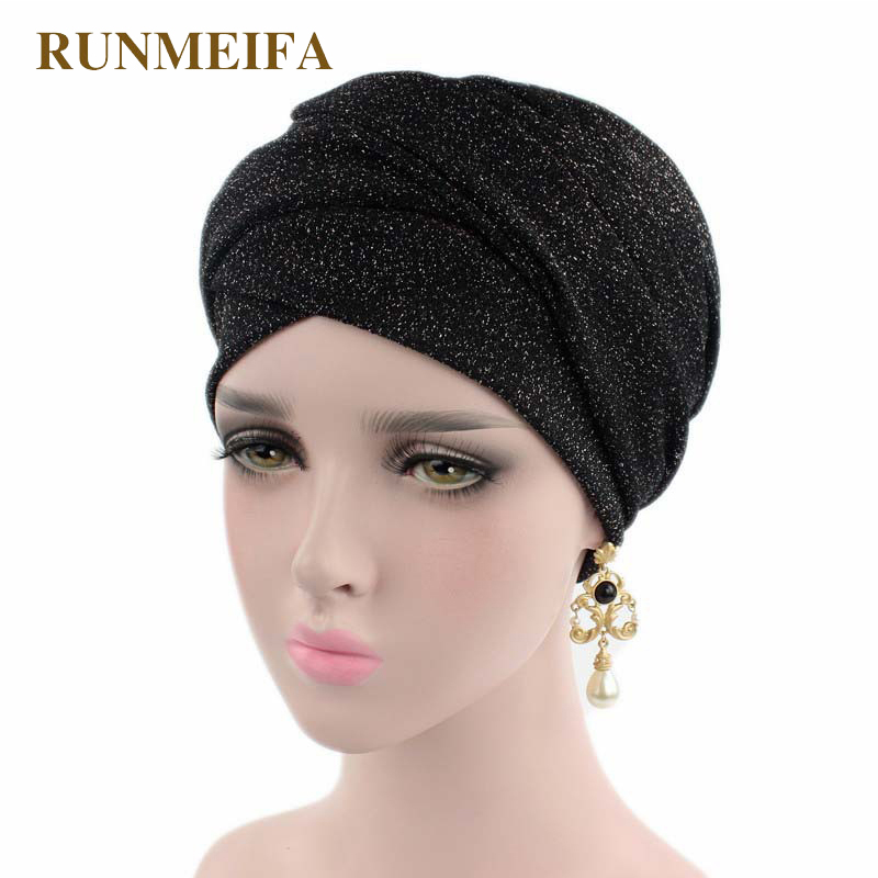 

New Design metallic line Muslim Skullies & Beanies Stretch cloth headgear cap for women head scarf African wrap hat