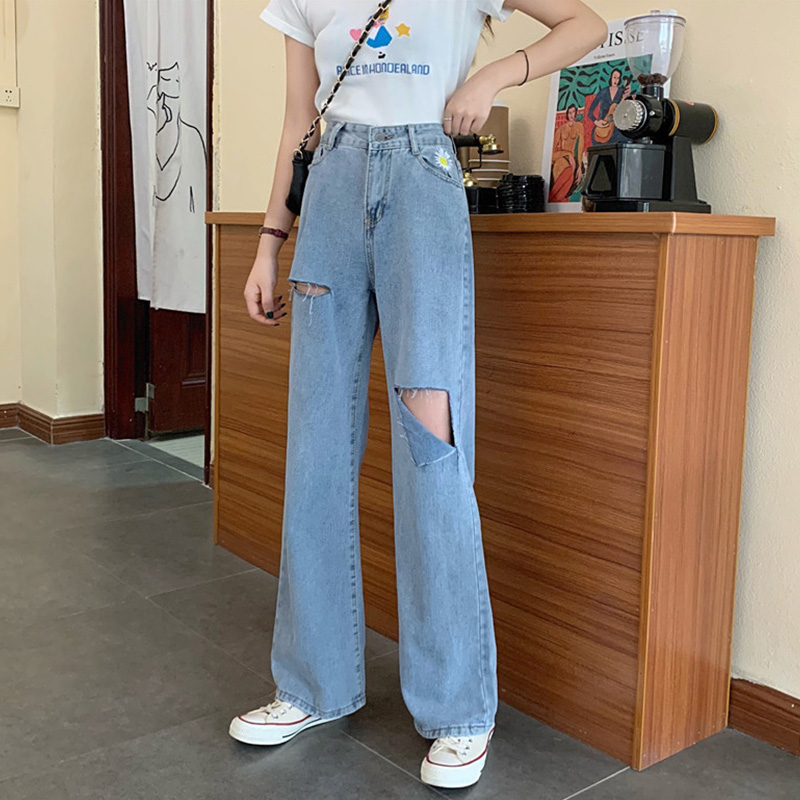

High Waist Jeans Women Holes Floor Length Wide Leg Trousers Hip-hop Big Size 5xl Loose Oversize Chic Cool Girls Womens Denim New, 7156blue