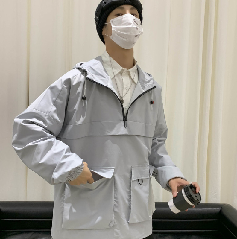 

2020 Spring And Autumn New Youth Fashion Loose Solid Color Big Pocket Hooded Jacket Fashion Casual Pullover Black/grey -2XL