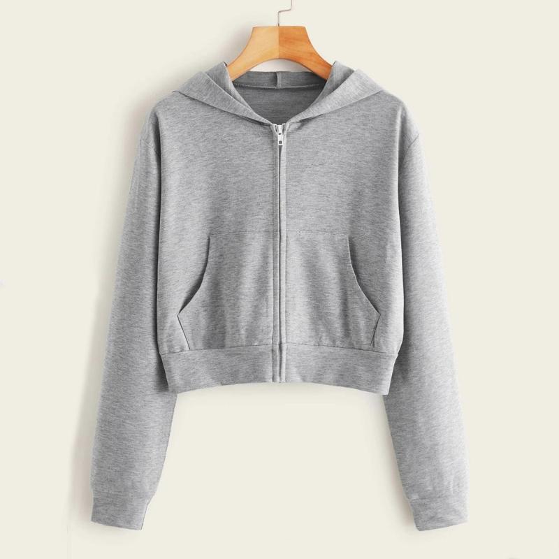 

Harajuku Hoodie Women Casual Solid Long Sleeve Zipper Pocket Shirt Solid Color Cropped Hooded Sweatshirt Tops Blouse Jackets, Gray