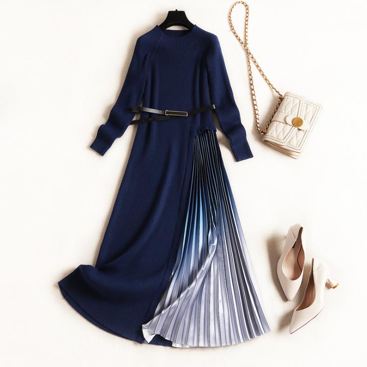 

European and American women' clothing 2020 winter new style Long sleeve knitted stitching Fashion gradient Pleated dress, Blue