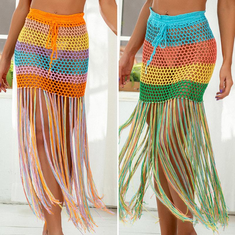 

Women's Beach Cover-up Fashion Tunic bandage Bathing Suits Crocheted Rainbow Print Hollow Out Fringe bikini Skirt Dress, Orange