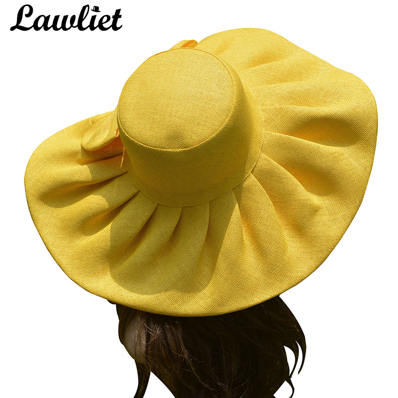 

Huge Linen Kentucky Derby Wide Brim Sun Wedding Church Beach Hats for Women Floppy Ladies Hat Bow Detail A047 Y200716, Orange