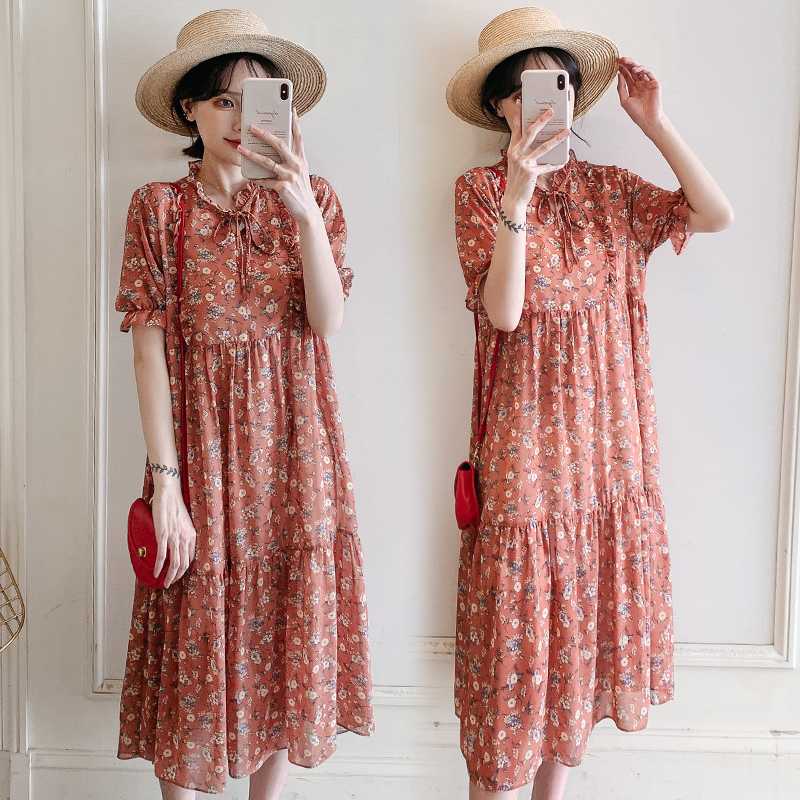 

915# Maternity Clothes Summer Chiffon Short Sleeve Loose Stylish Floral Dress for Pregnant Women Pregnancy Clothes, The picture color