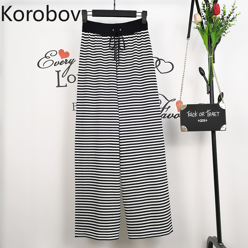 

Korobov Korean Women Wide Leg Pants Vintage Elastics High Waist Trousers 2020 New Vintage Striped Female Joggers, Photo color