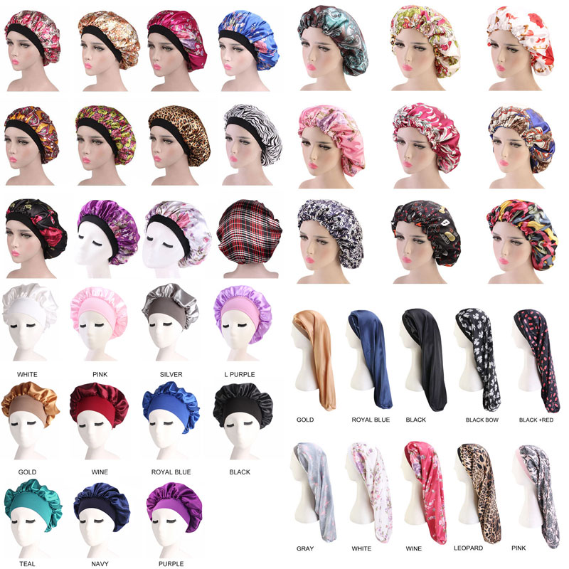 

New Fashion Solid Color Women Flower Print Night Sleeping Cap Hair Care Bonnet Hat Head Cover Elastic Band Headwrap, As picture