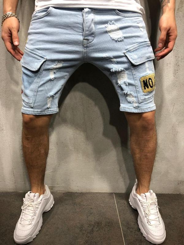 

Summer Men jogging Denim Shorts Embroidered Men' Broken Hole Jeans Shorts Hip-hop Slim Blue Light blue Multi-pocket over