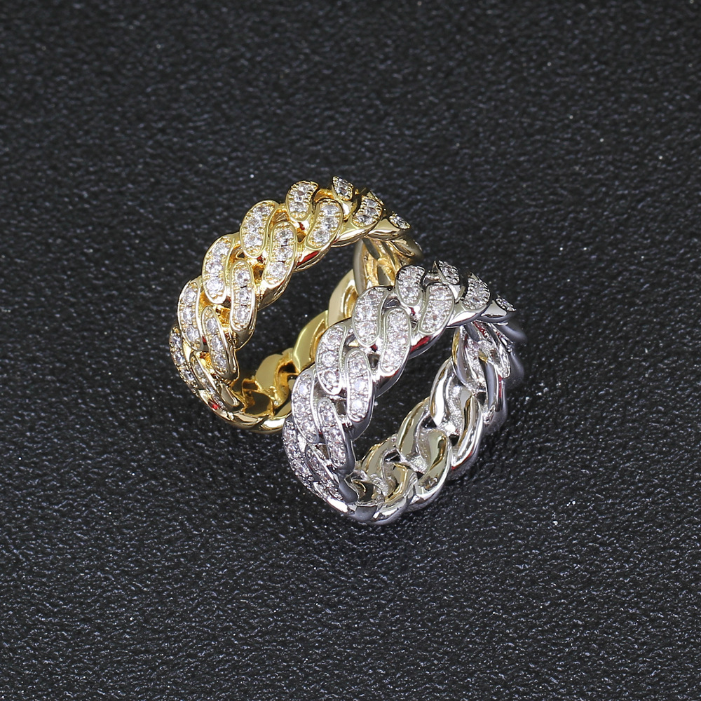 8mm enfeitado para fora anel de hip hop homens mulheres ouro prata zircon anéis anéis de forma de cadeia cubano anel 6-11