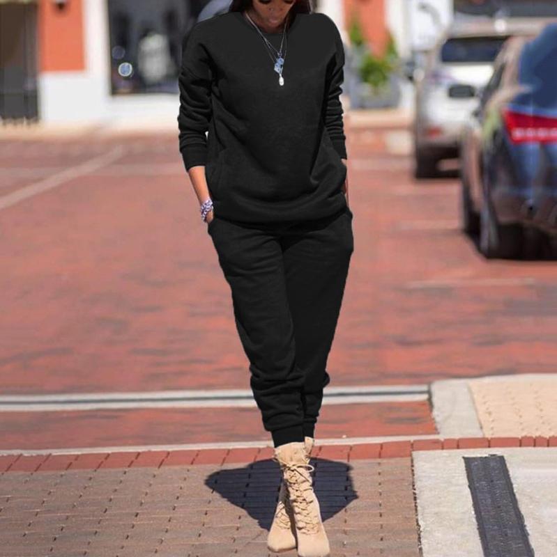 

women' sports suits tracksuit two piece set Women' Autunm Winter Solid Color Casual Stretch Sport Suit Top Pants#y15, Black