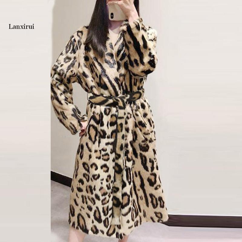 

Leopard Print Faux Fur Coat Long Sleeve With Belt Turn Down Collar Fur Jacket Winter Coat Women Teddy Fourrure Femme, Yellow