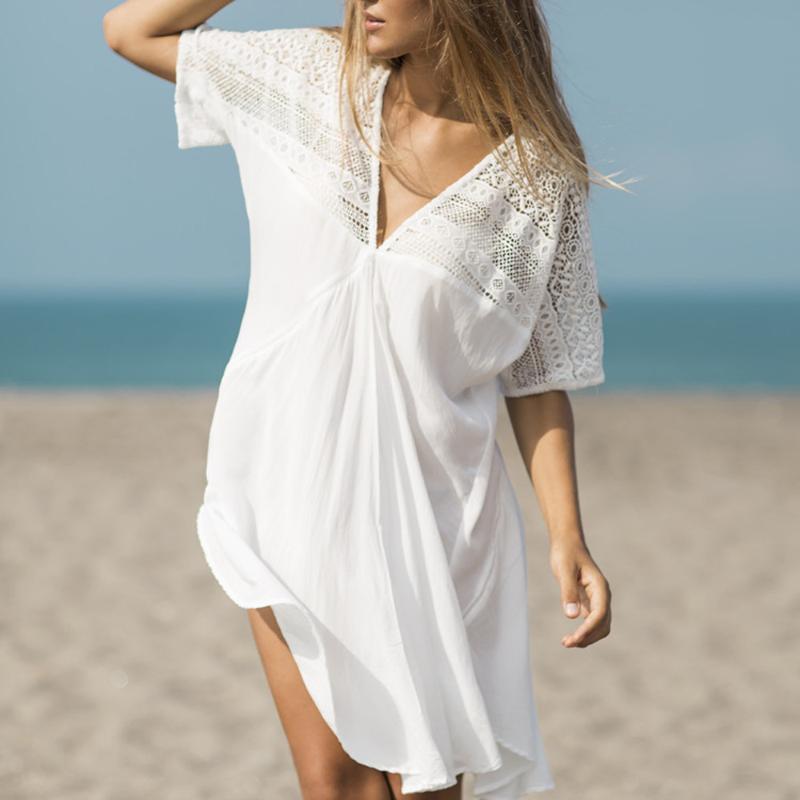 

Summer Women Solid Color Cotton Hollow Out Crochet Bikini Cover Up Kimono Cardigan Shawl Beach Dress Bathing Suit Outwear#p4, White