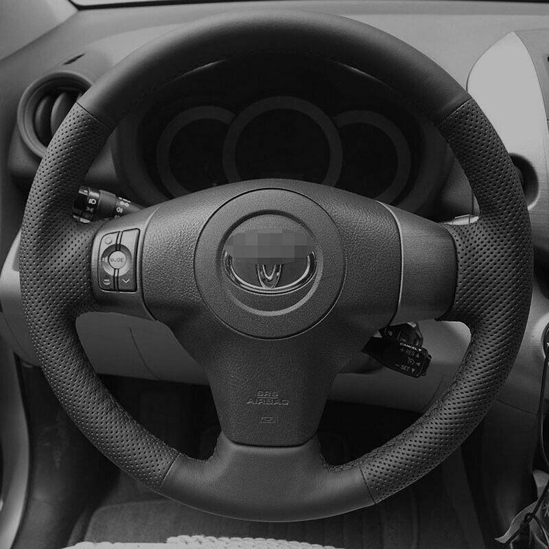Car Hand-stitched Black Leather Steering Wheel Cover for Toyota Yaris Vios RAV4-image-554966094
