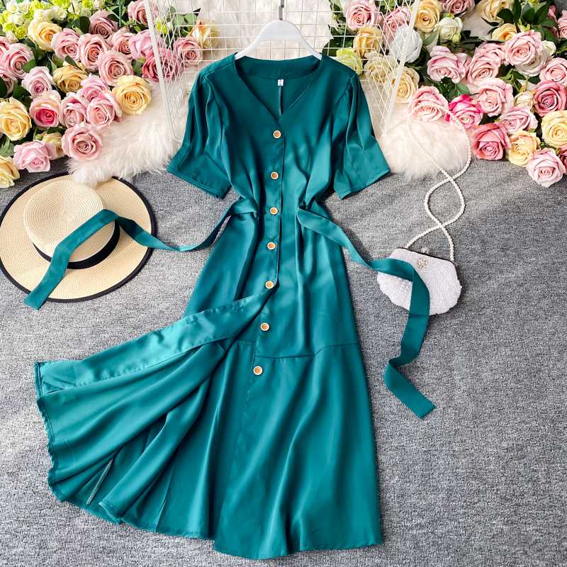 

Vintage V-neck Single-breasted Green/Red/Beige Dress Women Summer High Waist Short Sleeve A-line Sashes Dresses 2020 New Vestido, Black