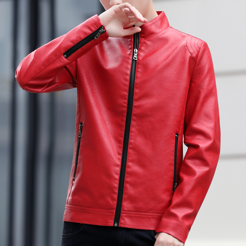 

Spring men's casual leather jacket youth slim men's PU stand collar leather jacket, Red-955