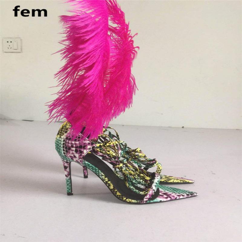 

Fur Sandals High Heels Ostrich Feather Sandals Shoes For Women Lace Up Triangle Pointed Toe Sexy Thin Heels Night Party Stars, White