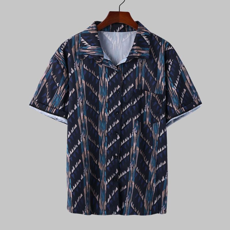 

Mens Ethnic Printed Shirts Stand Streetwear Collar Colorful Stripe Dress Pullover Shirt Short Sleeve Mens Clothing Plus Size, Black