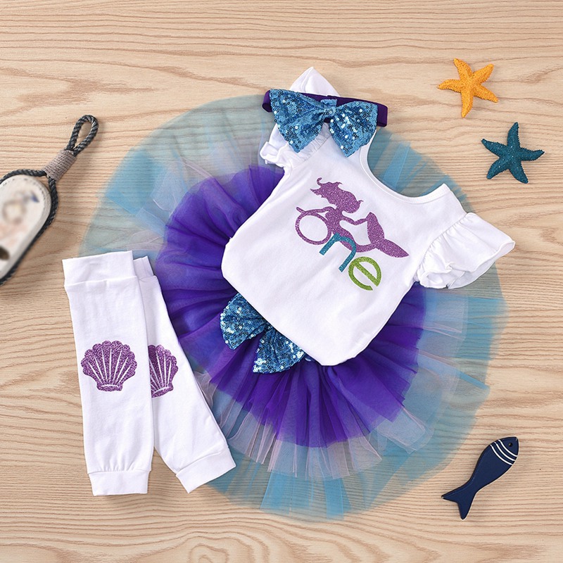 

Baby Girl Purple Mesh Gauze Skirt Four-piece Birthday Suit Baby girl 1st Tutu Skirt headband Leggings Sequin Bow 2020 Summer, As the picture