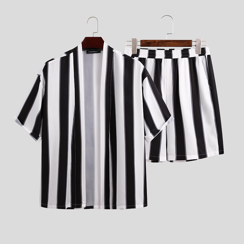 

INCERUN Summer Fashion Men Striped Sets Streetwear Loose Open Stitch Short Sleeve Shirt Breathable Shorts Beach Casual Men Sets, Black