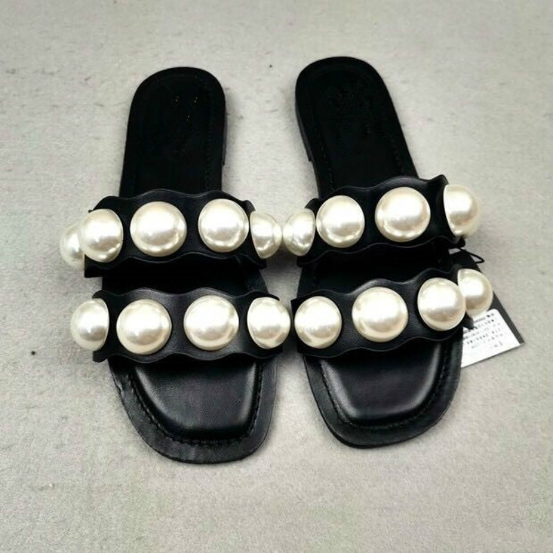 

Black Pearl Shoes Women 2020 New Summer Slippers Women Pearl Decoration Slides Female Flat Slippers Outdoor Beach Slide Shoes, White