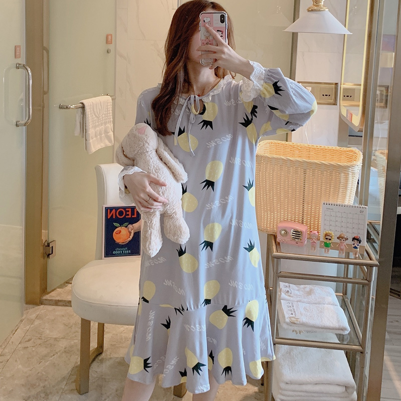 

Caiyier 2020 Winter Nightwear Women Cotton Sweet Pineapple Print Sleepwear Long Sleeve Loose Nightdress Casual Female Home Dress, 1502