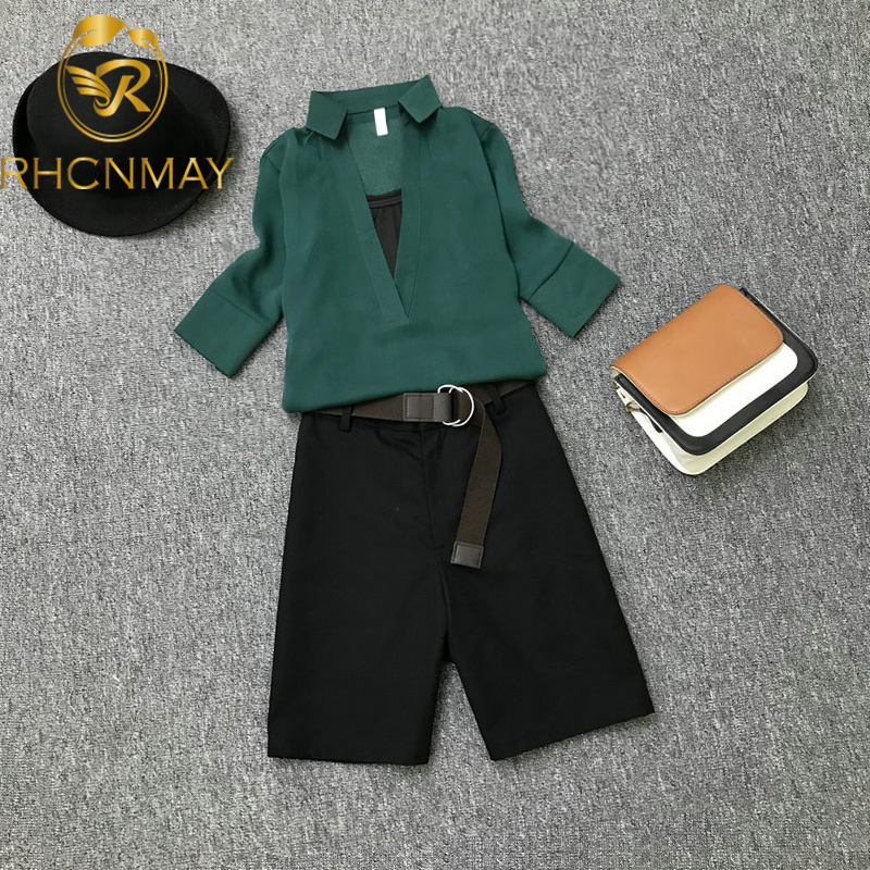 

New 2020 Summer Women Sets 2 Pieces Sets V neck Short Sleeve Chiffon Shirt + Sashes Shorts Cute Mini Pant Set Vintage Suit, Only purple shirt