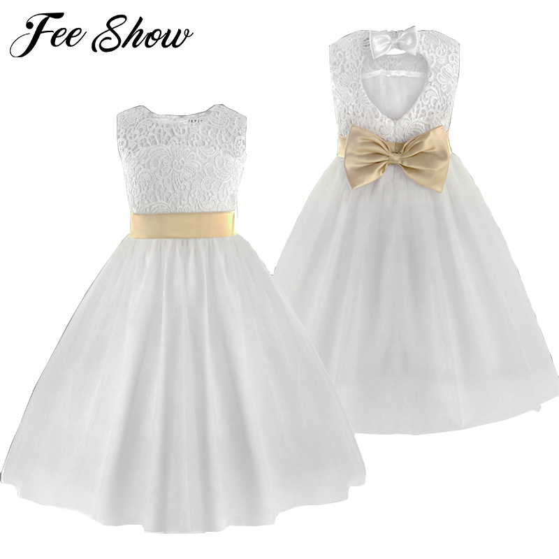 

White Flower Girl Dress Kids Pageant Birthday Formal Party Lace Long Dress Bowknot First Communion Prom Gown 2-12Y