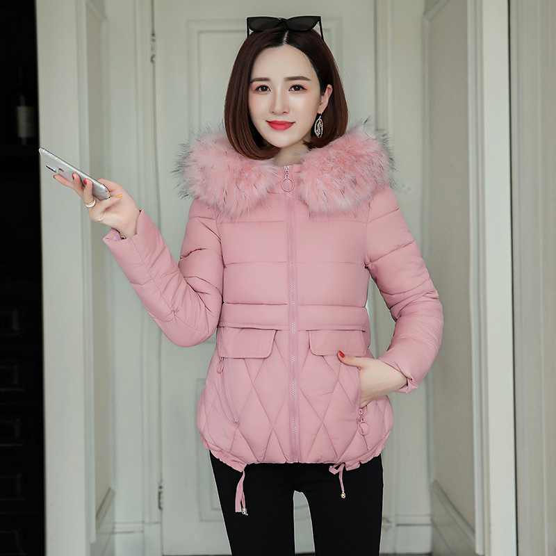 

Solid Drawstring Slim Fur Collar Jacket Female Causal Autumn Winter Jacket Women Warm Short Hooded Parka Coat, Pink
