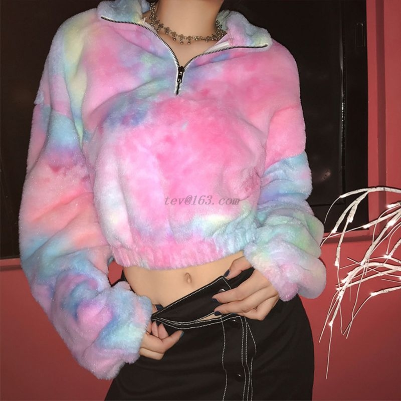 

Women Winter Plush Rainbow Tie-Dye Long Sleeve Coat Jackets Turtleneck Zipper Up Pullover Crop Top Sweatshirt Hip Hop Streetwear