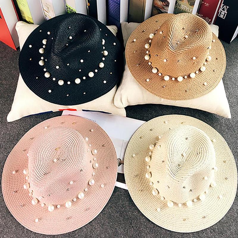 

New Spring Summer Hats For Women Flower Beads Wide Brimmed Jazz Panama Hat Sun Visor Beach Hat Flower Pearl rivet Straw, Milk white