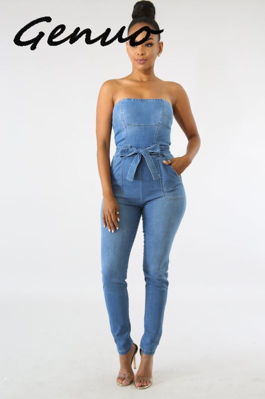 

Genuo New Zipper sexy denim jumpsuit long women romper bodycon summer jeans overalls Casual fashion off shoulder party club wear, Blue