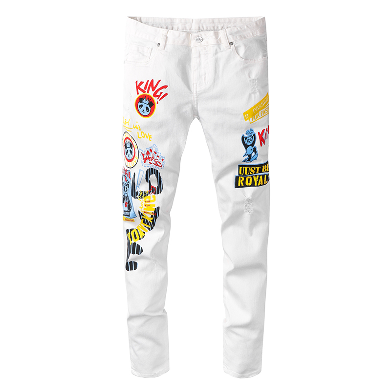 

Men's white panda printed jeans Fashion colored painted stretch denim pants Trousers High quality