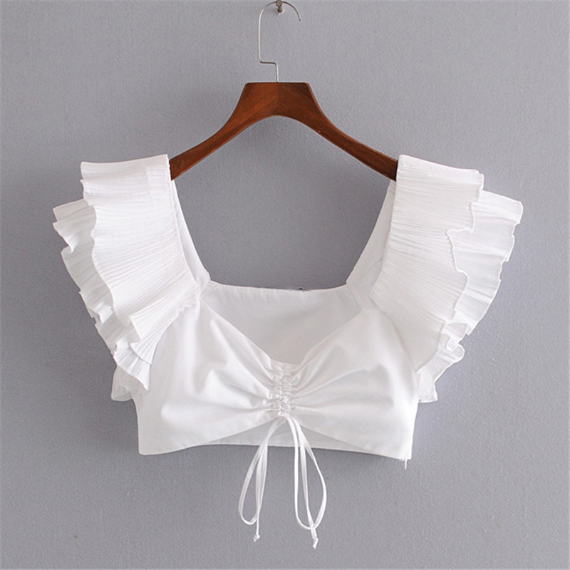 

Sexy Ruffled White Crop Top Deep V neck Sleeveless Backless Pleated Short Blouses Shirts Female Sweet Cute Tops