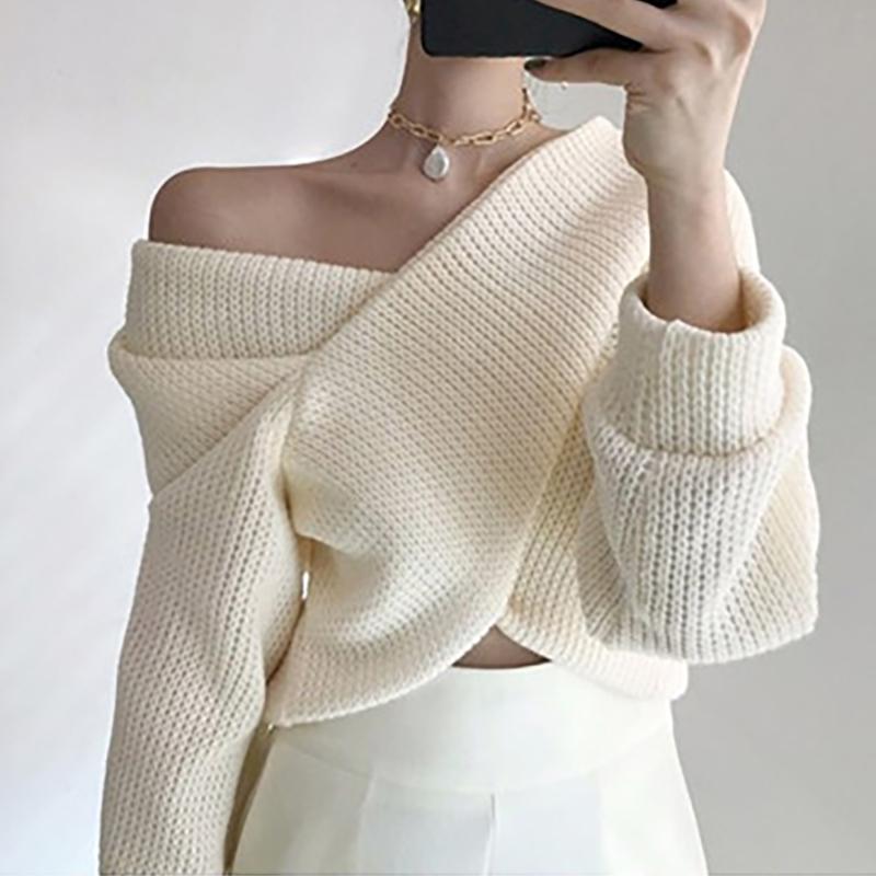 

Criss-Cross Crop Sweater Off Shoulder Pullover v Neck Korean Style Women Knitted Lazy Oaf Harajuku White Autumn Blue Sueter 2020