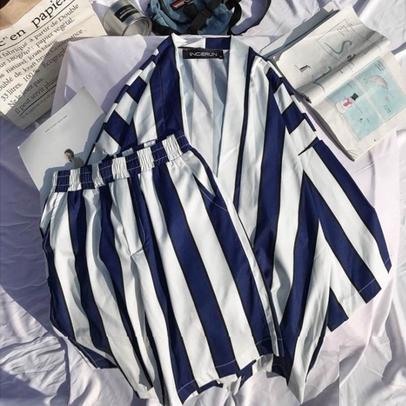 

Stylish Striped Men Sets 2020 Loose Open Stitch Short Sleeve Shirt Shorts Breathable Casual Beach Mens Suits Streetwear INCERUN, Black