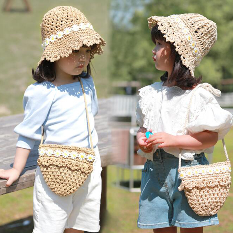 

Lace Flower Kids Panama Hats for Girls Straw Baby Hat Summer Kids Sun Hat for Girls Beach Baby Girl Cap Bag Suit, Rc130 brown