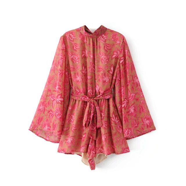 

Shorts Jumpsuit spaghetti backless Woman New Fashion stand Neck Sexy Female Playsuit Boho red Floral Playsuit vestidos bodycon