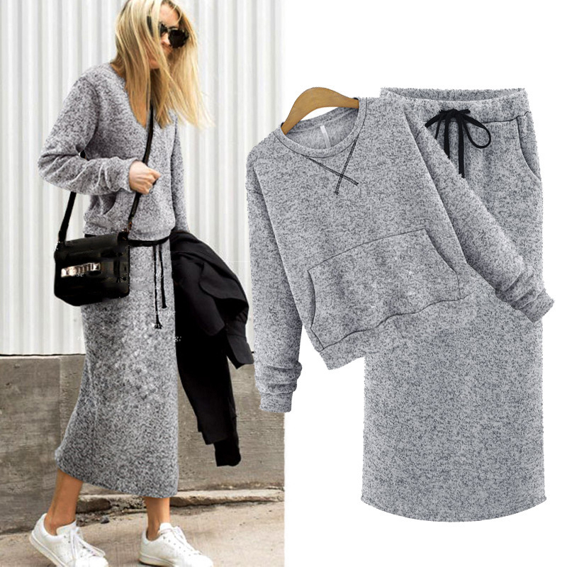 

knit suit Deux Pièces Ensemble Femmes sweater capuche cachemire Gris Longueur Maxi Robe Costume vêtements d'extérieur pour, Gray