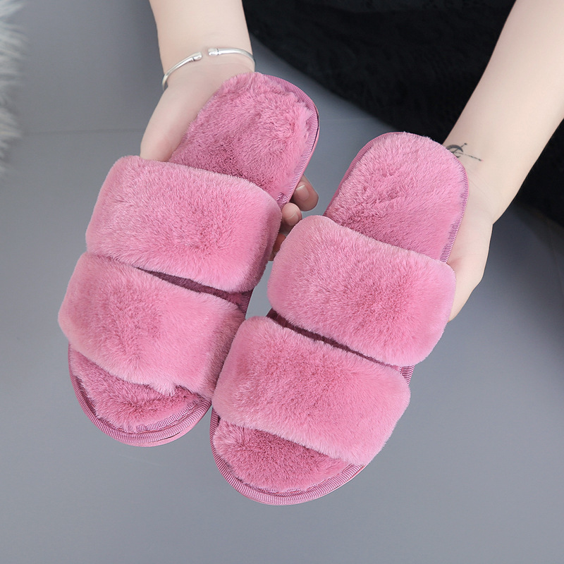 

Women's Furry Home Slippers Flat Soft Indoor Slides Faux Fur Warm Fluffy Slippers Female Casual Flip Flops Fashion Woman Shoes, Pink