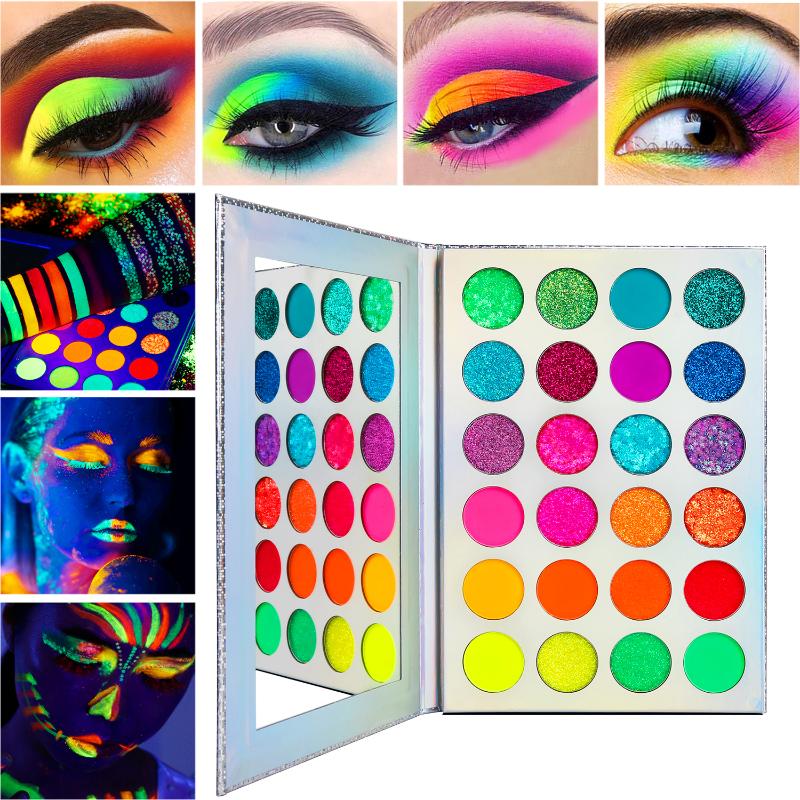 

24 colors Glow Eyeshadow Stage Clubbing Neon Makeup Kit in Blacklight UV Glow in the Dark Fluorescent Eye Shadows, Neon eyeshadow