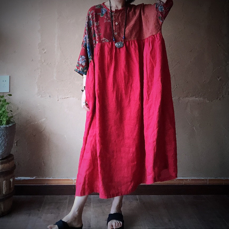 

Johnature Autumn Print Patchwork Linen Retro Dress 2020 Vintage New O-Neck Batwing Sleeve Plus Size Women Loose Casual Dress, Red