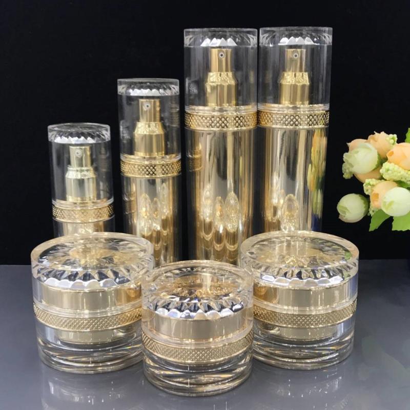 

High Grade Sunflower Gold Cosmetics Sub Acrylic 30/50/120ML Lotion Pump Bottle,Classic 30/50G Acrylic Cream Jar 5PCS 1Suit