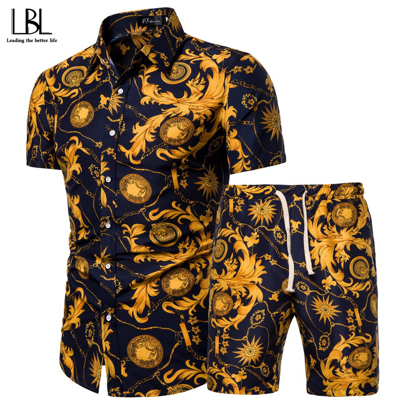 

Pattern Tracksuit Men Summer Beachwear Men's Set 2020 Mens Notched T Shirts +Shorts Two Piece Sets Floral Beach Swaet Suit 5XL, Dc02