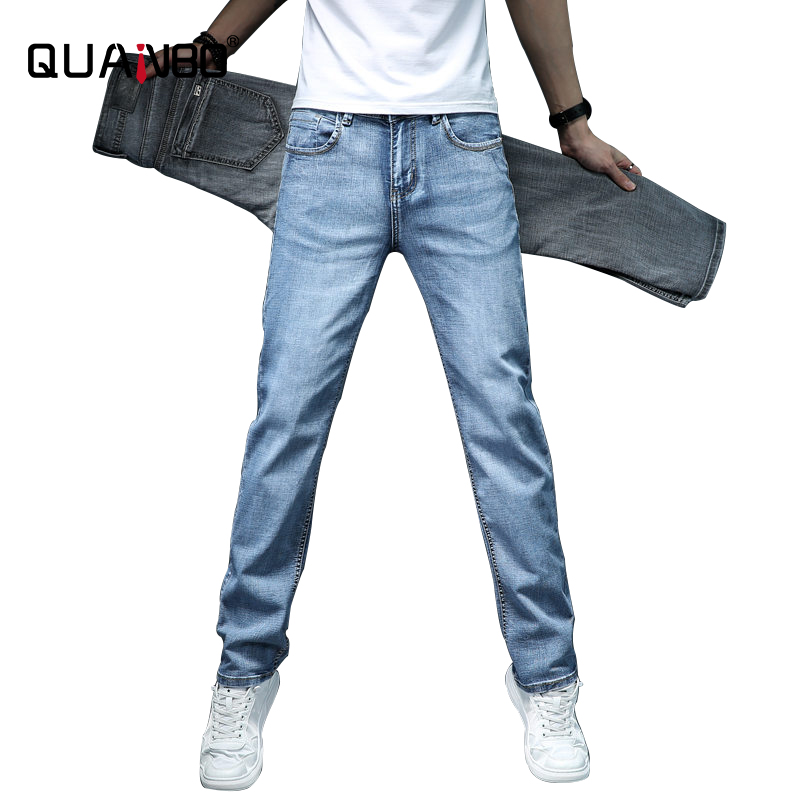 

QUANBO 2020 New Autumn Spring Men Slim Jeans Busines Casual Regular Fit Jeans Fashion Blue Gray Stretch Washed Denim Trousers