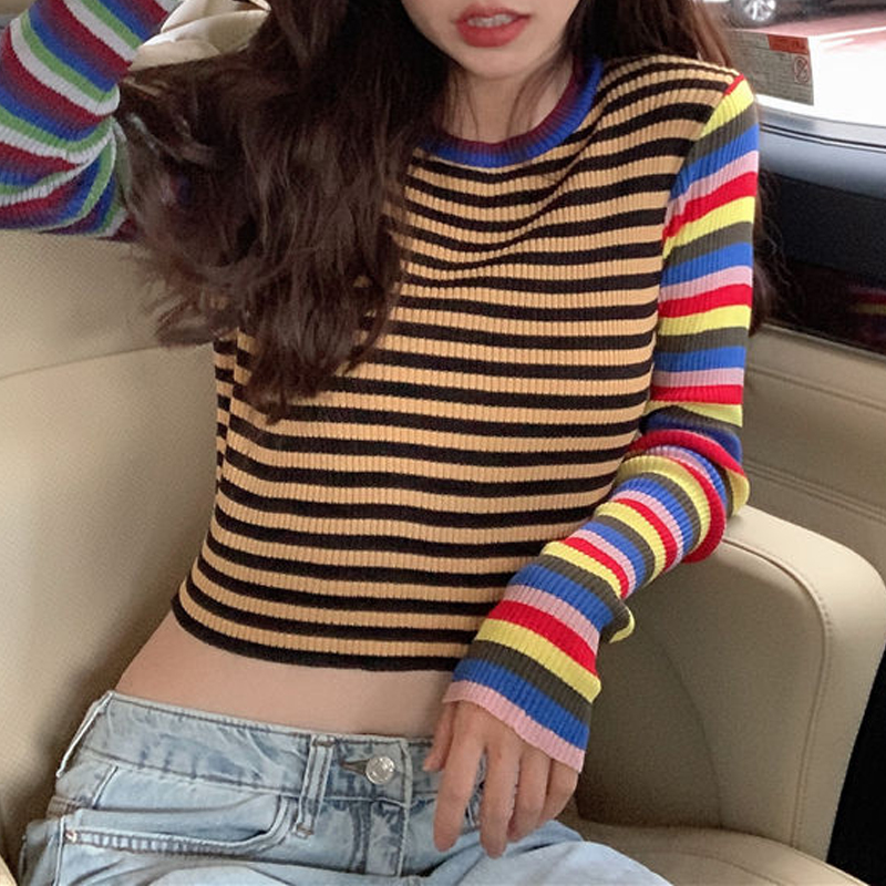 

Fashion Rainbow Striped Knitted Pullovers Spring Women Student Wind Casual Knit Sweater Female Crop Tops Long Sleeve Sweaters, Yellow