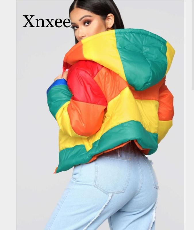 

Winter Coat Thick Regular Wind Outwears Jacket Warm Rainbow Hooded Full Sleeve Women Slim Short Casual Thick Student orange, Multi