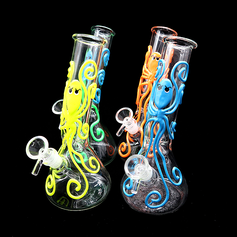 

8" Glowing in the dark of octopus pattern glass pipe glass bong double layer filter glass water pipe recycler dab rig beaker bongs