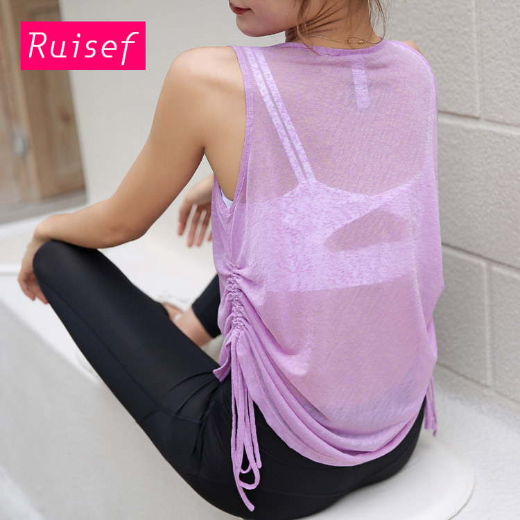 

White Black Purple See Through Gym Tank Top Women Yoga Top Sports Shirt Drawstring Sleeveless Yoga Vest Sport Fitness Women