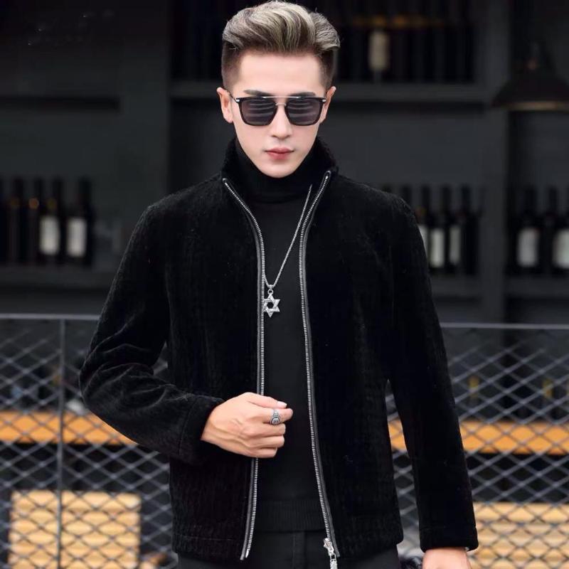 

Fur Story 20100A man's imitation water velvet Coat Sheep Shearing Fur Coat with lapel Sheep Sheare short Jacket, Black